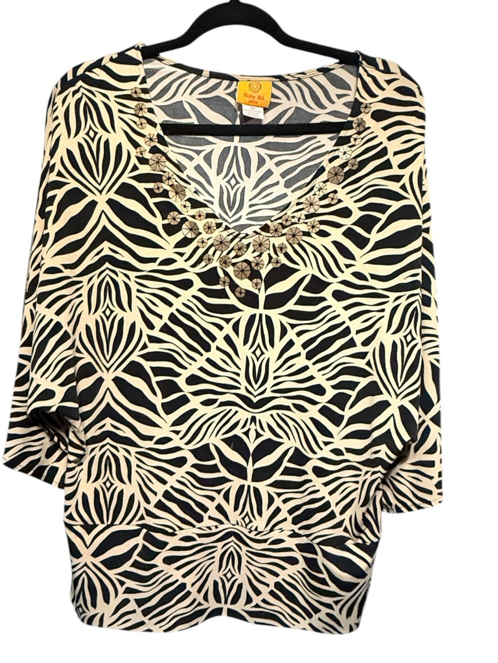 Ruby Rd Petite PM Black Cream Abstract Print Embellished Dolman 3/4 Sleeve Top
